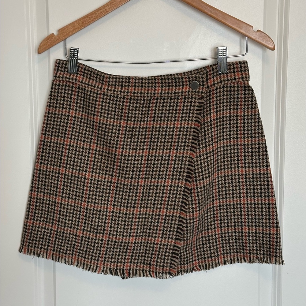 Urban Outfitter Plaid Houndstooth Mini Wrap Skirt - Brown, Orange, Black